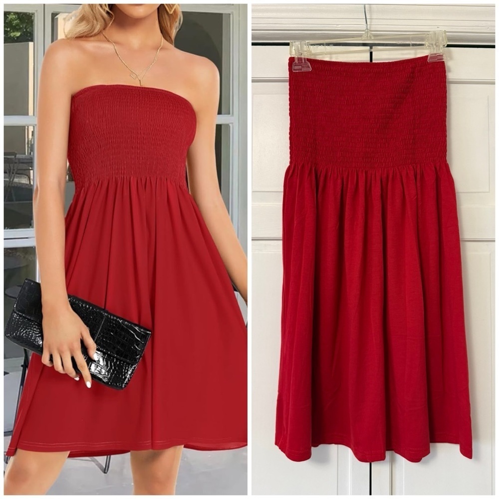 Strapless Smocked Red Summer Dress Beach Cover Up Resortwear Vacation Feminine